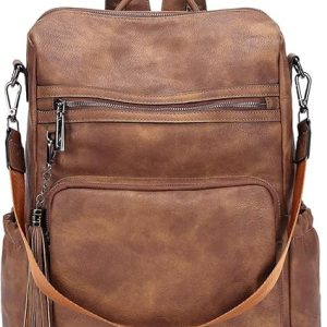 Leather Backpack Purse Shoulder Bags with Tassel Brown 1